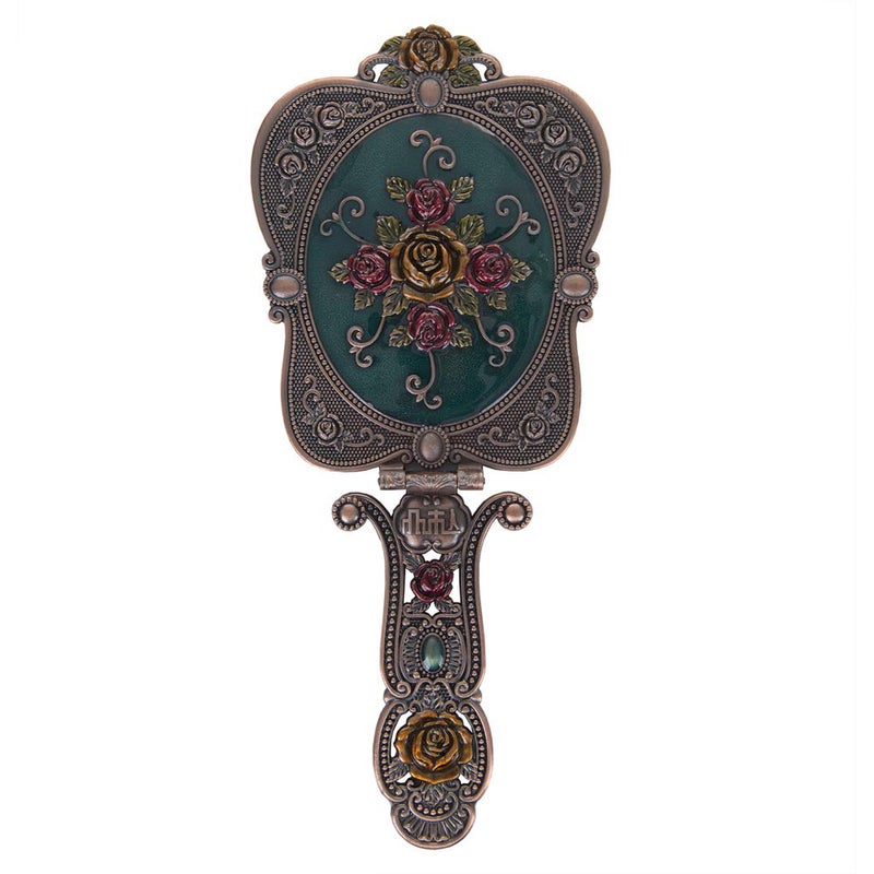 Nerien Antique Mirror Comb Set Vintage Metal Handheld Makeup Mirror with a Comb Russian Style Embossed Rose Hand Mirror Travel Portable Foldable Mirrors Decorative Tabletop Stand Mirrors Copper - Image 1